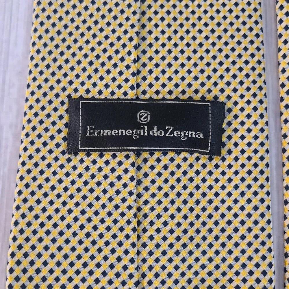 Ermenegildo Zegna Silk Necktie Yellow Navy Blue Tile Print Italy
